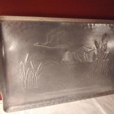 Vintage Embossed Aluminum Tray 1950â€™s Serving Tray with Cranes