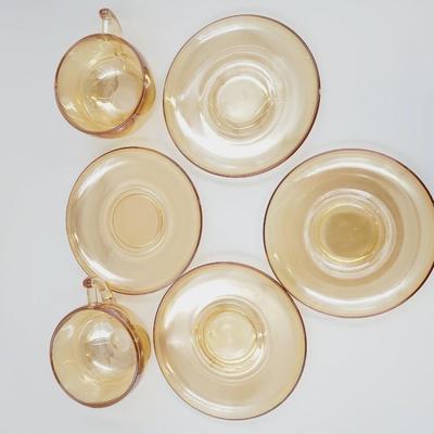 VINTAGE PEACH IRIDESCENT GLASS CUP & SAUCER SETS