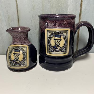 LOT 5R: Death Wish Coffee Mugs: Abe Lincoln Mug w/Fueled by Death Matching Creamer, Cauldron Aged Pumpkin Mug, & Red Skull Logo2017 Mug
