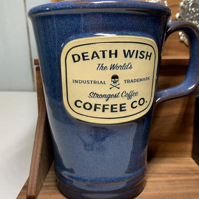 LOT 8R:  Death Wish Coffee Mug w/Industrial Trademark Logo, Wall  Hooks & Display Stand w/Deneen Pottery Logo