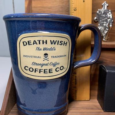 LOT 8R:  Death Wish Coffee Mug w/Industrial Trademark Logo, Wall  Hooks & Display Stand w/Deneen Pottery Logo