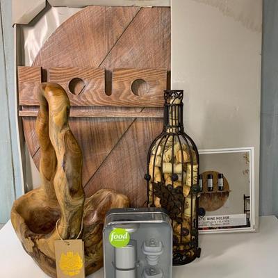 LOT 22R: Home Decor: Rustic Wine Holder, Crafted Wooden Bowl & Wine Accessories