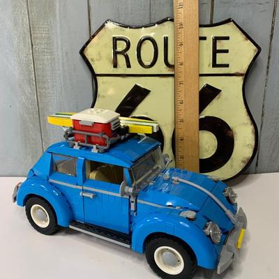 LOT 27R: LEGO Sculpture:  Blue VW Beetle 10252 & Home Decor Route 66 Sign