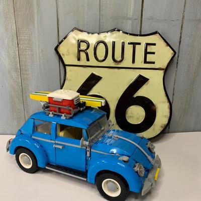 LOT 27R: LEGO Sculpture:  Blue VW Beetle 10252 & Home Decor Route 66 Sign