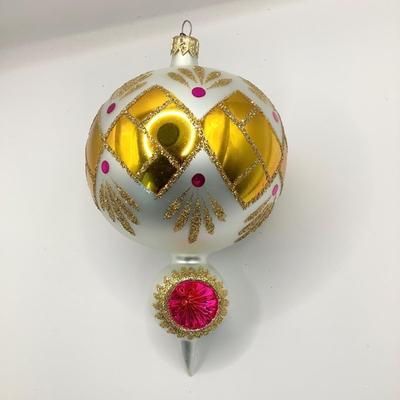 1464 Christopher Radko Large White and Pink Ball Glass Ornament