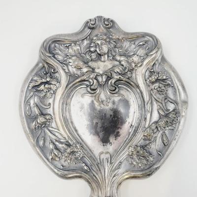 BEAUTIFUL ANTIQUE DETAILED SILVER PLATE HAND MIRROR