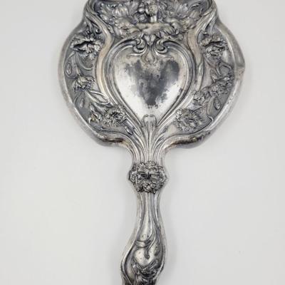 BEAUTIFUL ANTIQUE DETAILED SILVER PLATE HAND MIRROR