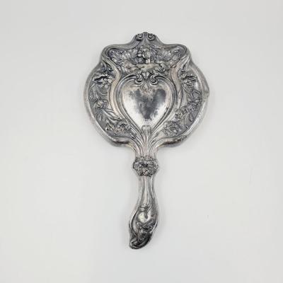BEAUTIFUL ANTIQUE DETAILED SILVER PLATE HAND MIRROR