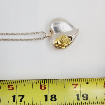STERLING SILVER GORHAM PUFFY HEART W/ GOLD ROSE PENDANT CHAIN IS .925 SILVER