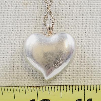 STERLING SILVER GORHAM PUFFY HEART W/ GOLD ROSE PENDANT CHAIN IS .925 SILVER