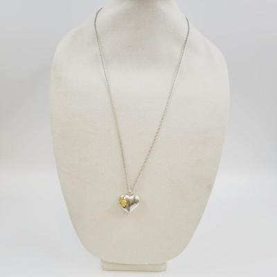 STERLING SILVER GORHAM PUFFY HEART W/ GOLD ROSE PENDANT CHAIN IS .925 SILVER