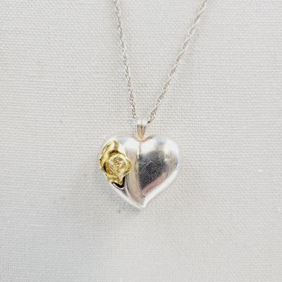 STERLING SILVER GORHAM PUFFY HEART W/ GOLD ROSE PENDANT CHAIN IS .925 SILVER