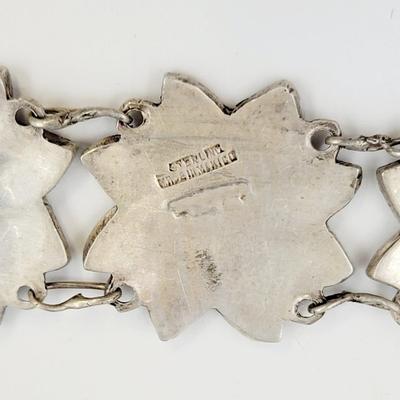 BEAUTIFUL ABALONE MEXICAN STERLING FLOWERED DESIGN BRACELET