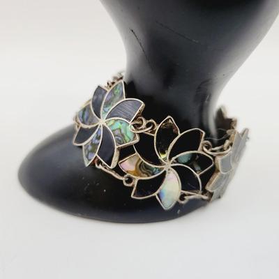 BEAUTIFUL ABALONE MEXICAN STERLING FLOWERED DESIGN BRACELET