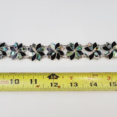 BEAUTIFUL ABALONE MEXICAN STERLING FLOWERED DESIGN BRACELET