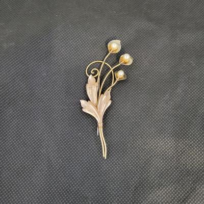 VINTAGE VAN DELL 1/20 12K GOLD FILLED ON STERLING BOUQUET REAL PEARL FLOWER LEAF BROOCH