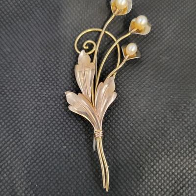 VINTAGE VAN DELL 1/20 12K GOLD FILLED ON STERLING BOUQUET REAL PEARL FLOWER LEAF BROOCH