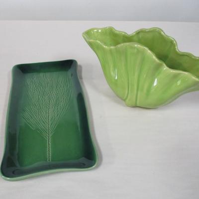 Vintage Pottery Green Planter Cachepot & Green Pine Branch Platter Signed