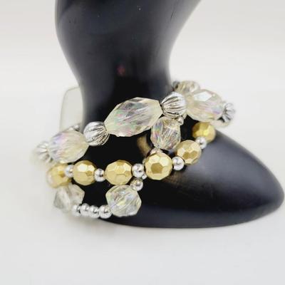 BEAUTIFUL TRI - STRETCHY GOLD TONED & FAUX CRYSTAL BRACELET