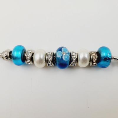 PANDORA STYLE BLUE & SILVER TONED LOBSTER CLAW BRACELET