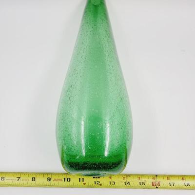 VINTAGE TALL GREEN HAND BLOWN BUBBLE GLASS VASE - MADE IN MEXICO