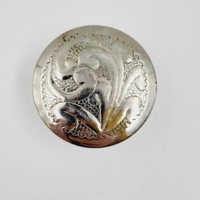 DECORATIVE SILVER TONED METAL TRINKET CONTAINER