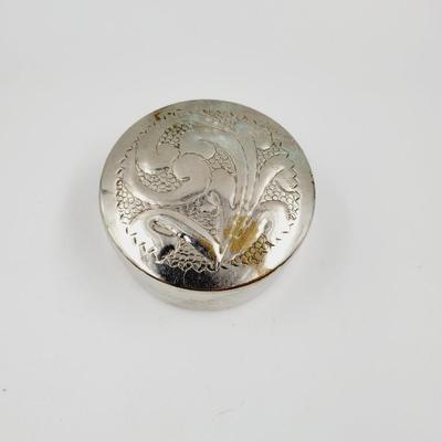 DECORATIVE SILVER TONED METAL TRINKET CONTAINER