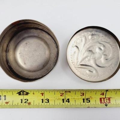 DECORATIVE SILVER TONED METAL TRINKET CONTAINER