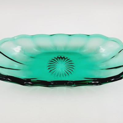 ANCHOR HOCKING ELONGATED BLUE GREEN GLASS DISH