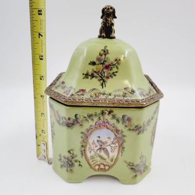 HUA PING TANG ZHI LIDDED CHINOISERIE PIECE  WITH DOG FINIAL & FANTASTIC PHEASANT MOTIF