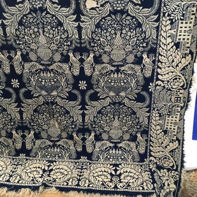 Antique Jacquard Double Weave Blue And White Coverlet Textile 90x74