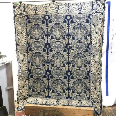 Antique Jacquard Double Weave Blue And White Coverlet Textile 90x74