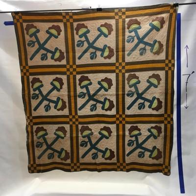 Antique Floral 9 Patch and Tulips Variation Quilt 72x66