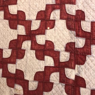 Hand Made Drunkard's Path Variation Quilt - Red White 81x70