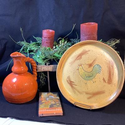 1677 Fall Decor Vietri Platter/Orange Pitcher/Electronic Candles