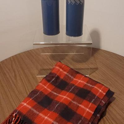 Lot 12: Vintage Red & Blue Wool Plaid Blanket & (2) Keapsit Thermoses