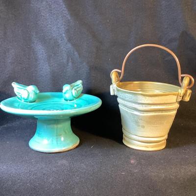 1679 Signed Handcrafted Pottery Bucket & Small Bird Bath Decor