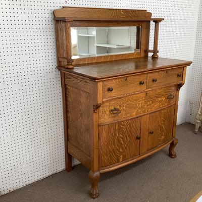 Lot.6455. Antique Oak Buffet with Beveled Mirror