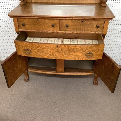 Lot.6455. Antique Oak Buffet with Beveled Mirror