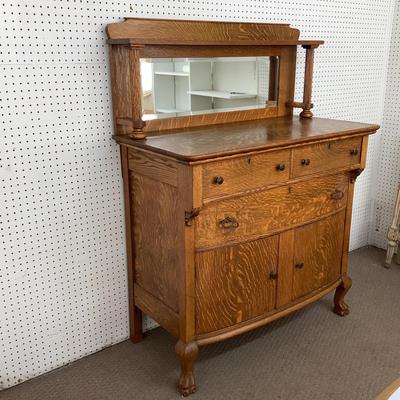Lot.6455. Antique Oak Buffet with Beveled Mirror