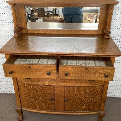 Lot.6455. Antique Oak Buffet with Beveled Mirror