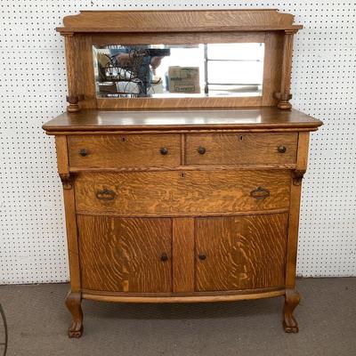 Lot.6455. Antique Oak Buffet with Beveled Mirror