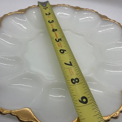 Milk glass egg tray with gold rim, salt & pepper with silver plate caps