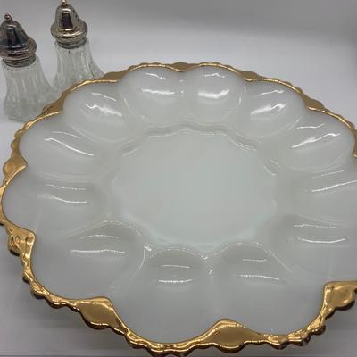 Milk glass egg tray with gold rim, salt & pepper with silver plate caps