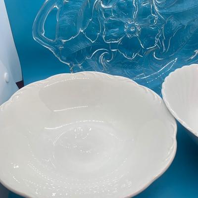 Indiana glass rose platter/server, white bowl Sterling Colonial, white bowl Johnson Brothers