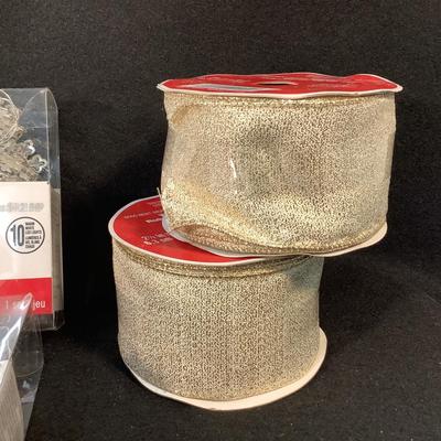 Lot 1527  Lot of Four Rolls Wired Gold/White Ribbon & Four PKG LED Snowflake Light String
