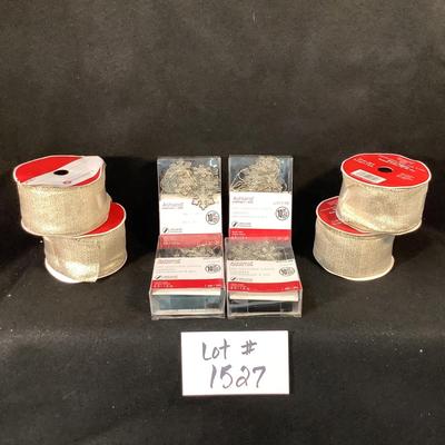 Lot 1527  Lot of Four Rolls Wired Gold/White Ribbon & Four PKG LED Snowflake Light String