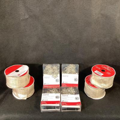 Lot 1527  Lot of Four Rolls Wired Gold/White Ribbon & Four PKG LED Snowflake Light String