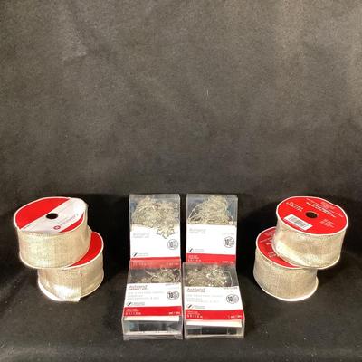 Lot 1527  Lot of Four Rolls Wired Gold/White Ribbon & Four PKG LED Snowflake Light String