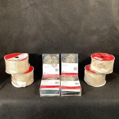 Lot 1527  Lot of Four Rolls Wired Gold/White Ribbon & Four PKG LED Snowflake Light String